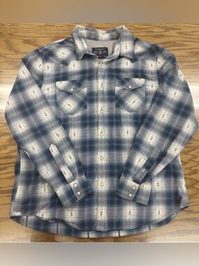Vintage American Eagle Pearl Snap Blue Plaid Western Chore Barn Work Shirt XL
